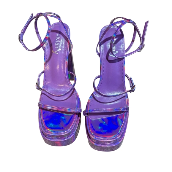 Vivianly Holographic Purple Iridescent Strappy Platform Sandals Heels sz 9 Disco - Picture 3 of 8